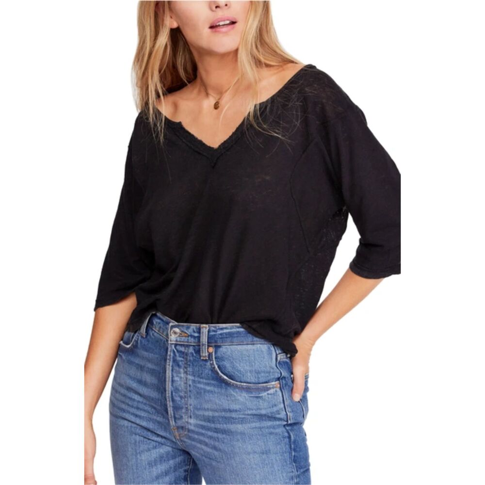 Free People Head in the Clouds Solid Tee Linen Blend Short Sleeve Faded Black Sm